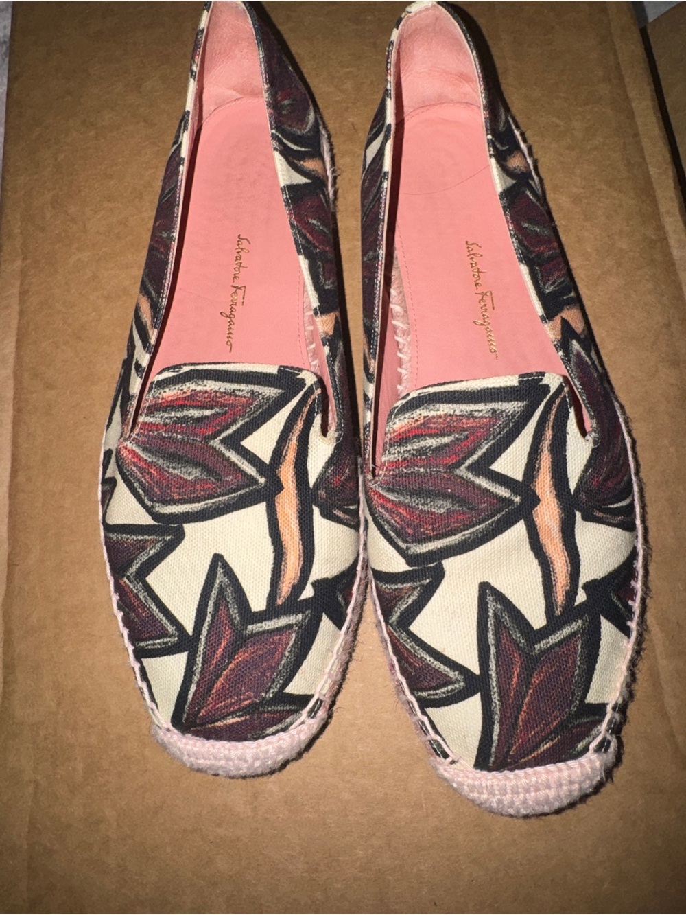 Salvatore Ferragamo Cream Canvas Espadrilles with Pink and Brown Floral Motif